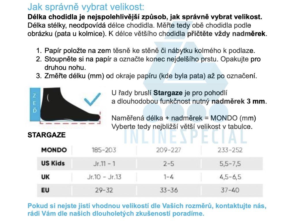 Tabulka velikostí Powerslide Stargaze Aqua