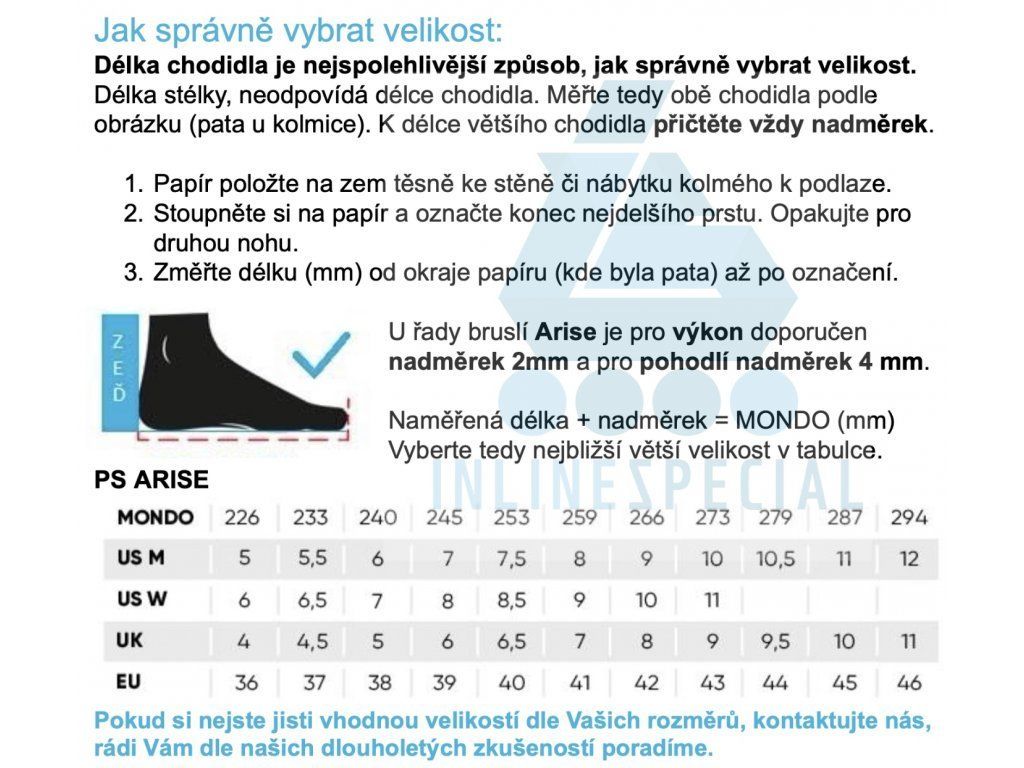 Tabulka velikostí Powerslide Arise