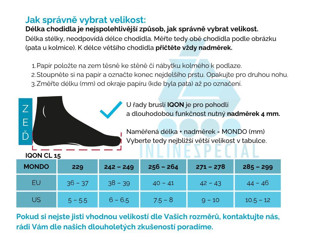 Aktuální tabulka velikostí kolečkových bruslí IQON CL 15 Green